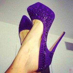Purple Round Toe Studded Platform Stilettos Heels